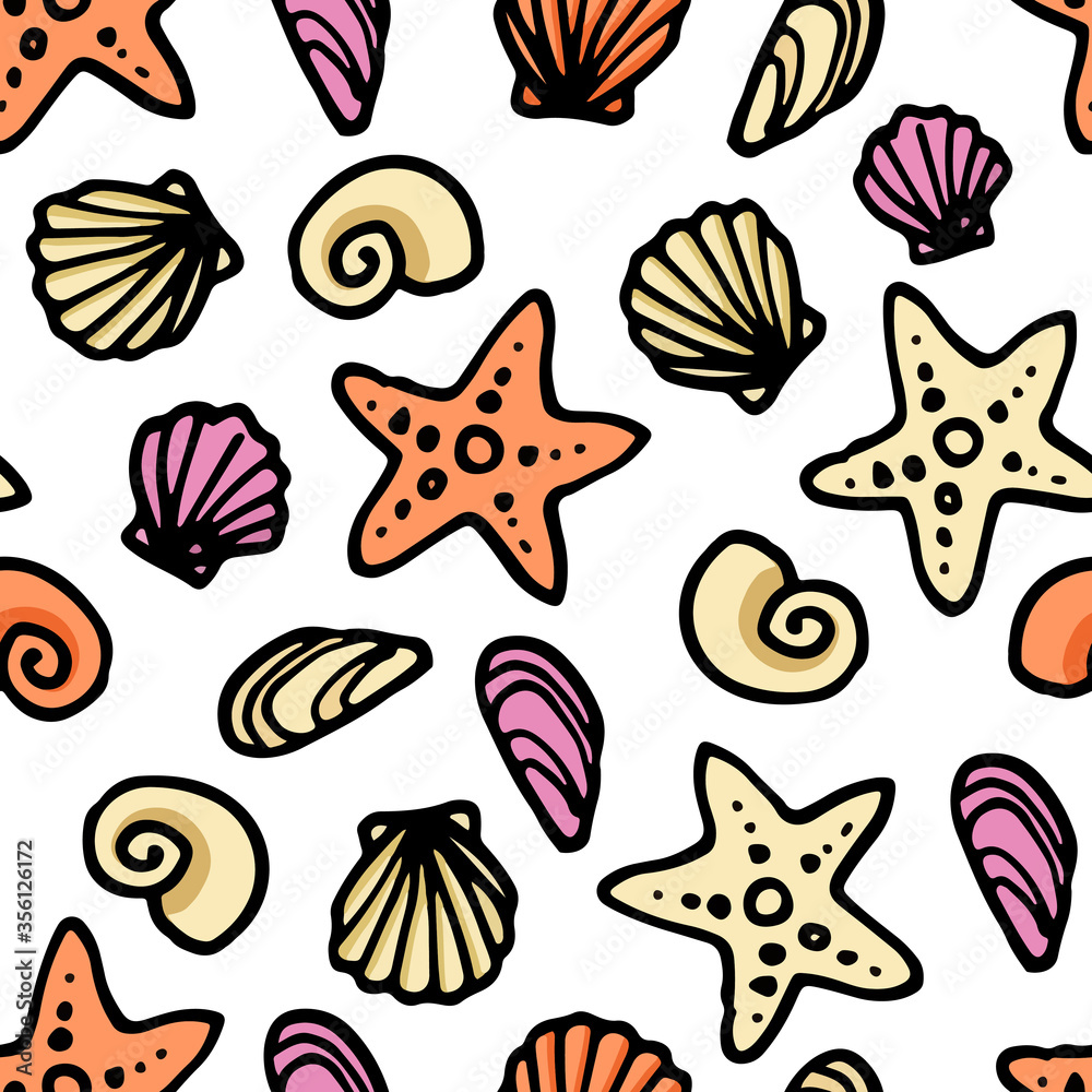 Seamless pattern with  seashells. Hand drawn vector illustration. Summer background. Trendy texture for print, textile, wallpaper.