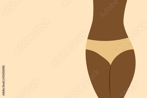 Vector illustration of beautiful black Afro American woman lowers body silhouette with curvy hips slim waist in beige panties. Health menstruation hygiene comfortable lingerie concept