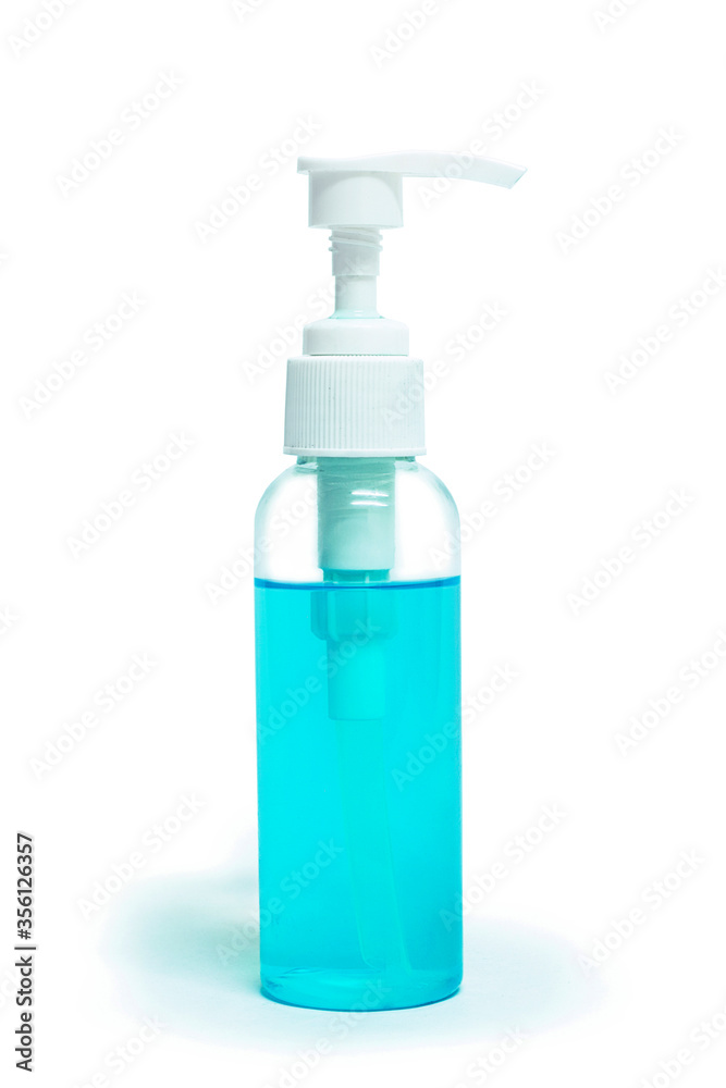 Blue alcohol gel hand sanitizer bottle on white background. selective focus, soft focus.