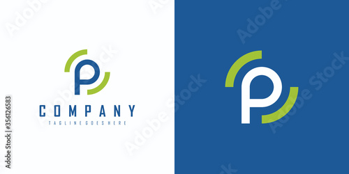 Initial Letter P Logo. Blue Green Circular Line isolated on Double Background. Usable for Business, Technology and Branding Logos. Flat Vector Logo Design Template Element.