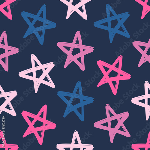 Seamless pattern with hand drawn colorful stars. Vector illustration in grunge style. Dark blue background. Design for gift wrap  wall art  cover  fabric  interior decor.