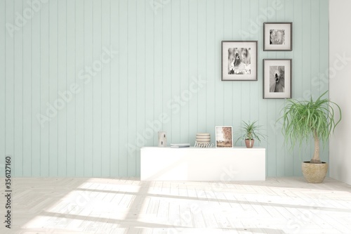 Light blue minimalist empty room with home decor. Scandinavian interior design. 3D illustration © AntonSh