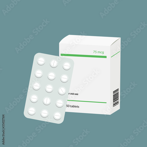 Vector illustration of realistic isometric white cardboard box and foil blister pack with medicine pills on dark turquoise blue background. Drugs development for treating disease healthcare concept