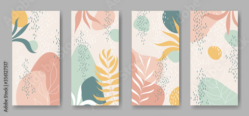 Set of vector vertical banners with abstract forms and leaves ornament