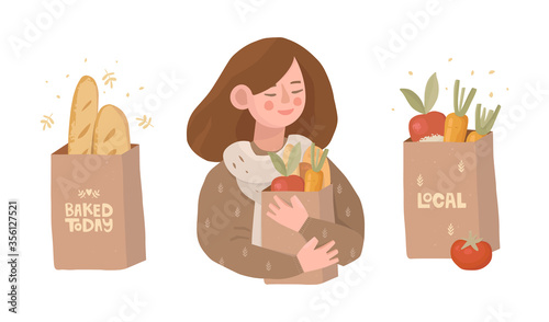 Set of three illustrations. Girl with paper package of products in hands. Food in craft paper bags. Baking and vegetables. Local producers and grocers. Vector hand-drawn illustration. Sticker, banner.