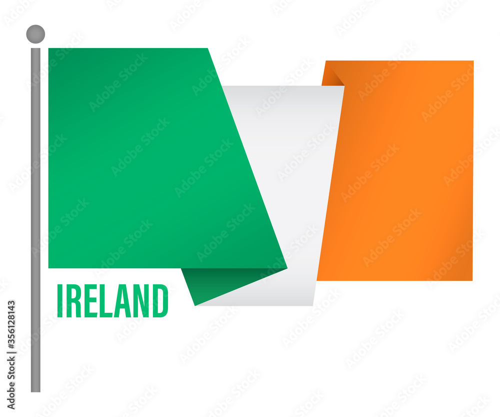 Flag of ireland on flagpole isolated on white background