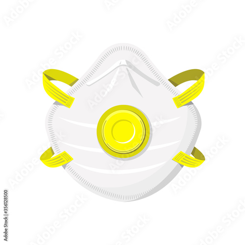 Vector illustration of N95 Protective face mask/respirator - a white mask with a nose bar, yellow filter valve and ear straps.