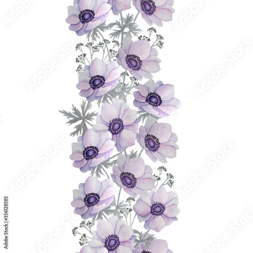 Watercolor hand drawn seamless vertical border of purple violet lavender anemone buttercup flowers. Spring floral soft neutral nature design for wedding invitation. Seasonal vintage romantic