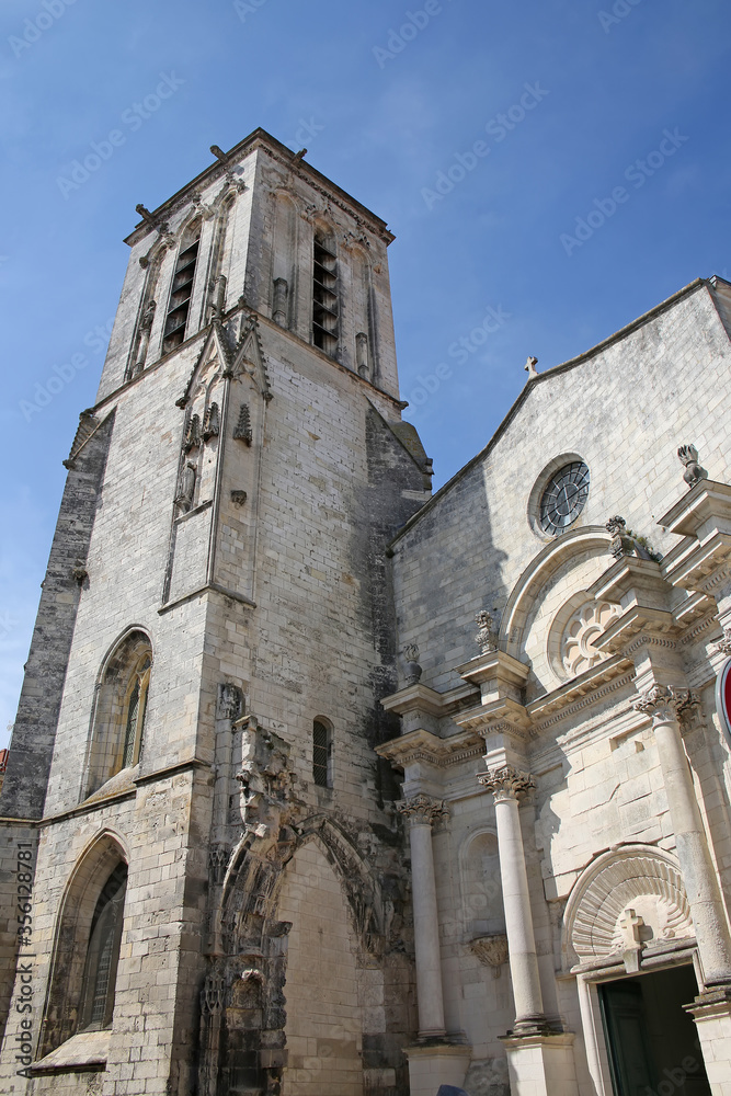 Looking up at Saint Saviour Church which is a Catholic church in the old town of La Rochelle, Charente Maritime, France.