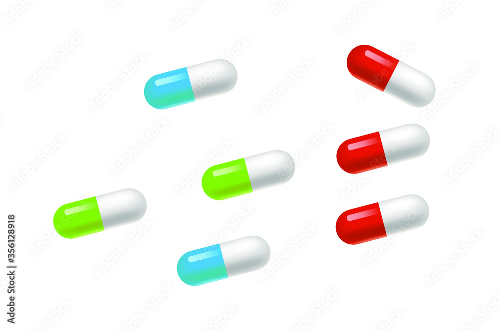 Set colorful Closeup Isolated on White Background. Design template of Pills, Capsules for graphics, Medical and Healthcare Concept. Set colorful Closeup Isolated on White Background. Design template of Pills, Capsules for graphics, Medical and Healthcare Concept.
