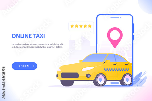 Online taxi ordering or city transportation app concept. Call a taxi with mobile application. Taxi car comes out of smartphone screen with navigation map and location pin, vector illustration