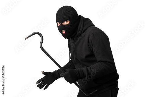 Murais de parede Portrait of masked thief with crowbar isolated over white wall