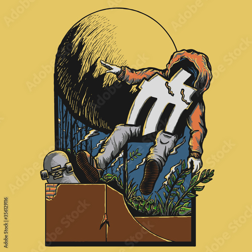 artwork vector illustration of a skateboarder, nature, jungle and moon. Suitable for t-shirt, poster and etc