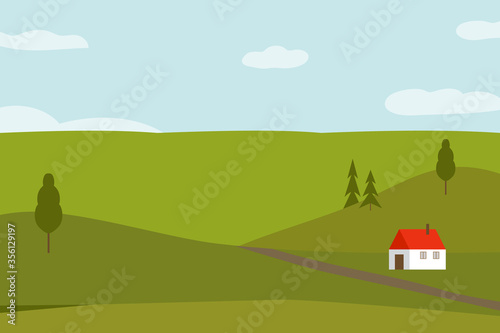 Vector hand drawn illustration of Alps valley with green grassland trees meadows rural house blue sky with clouds. Travel hiking countryside vacation domestic tourism concept