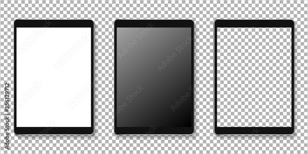 Modern Tablet display mockup set. Realistic tablet mockup isolated on transparent background. Realistic vector illustration.