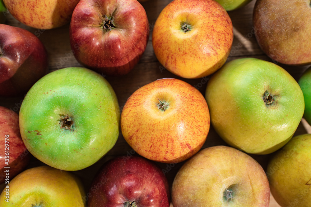 Tasty green, yellow and red apples. Healthy and nutritious food