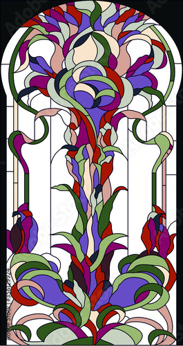 stained glass window in a classical style with flowers, grass and leaves