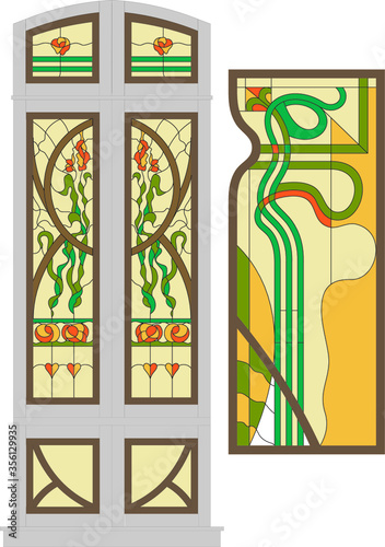 stained glass window in a classical style with flowers, grass and leaves