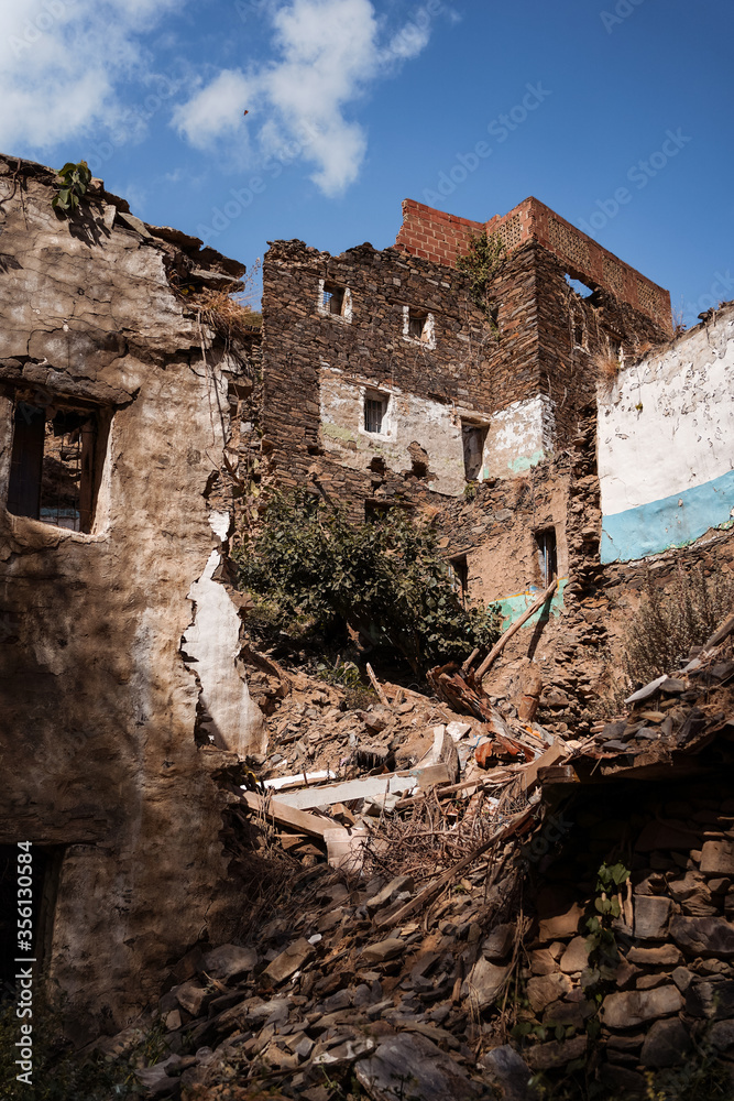 Panorama of semi collapsed historical houses in Rijal Almaa heritage village