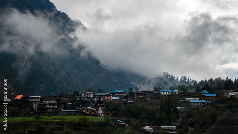 Himalayas landscape, Annapurna circuit trek, high altitude mountain village view