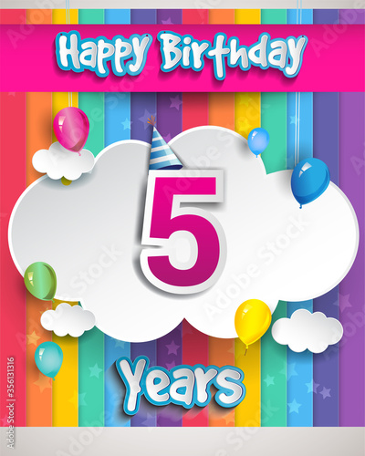 Celebrating 5th Anniversary logo, with confetti and balloons, clouds, colorful ribbon, Colorful Vector design template elements for your invitation card, banner and poster.