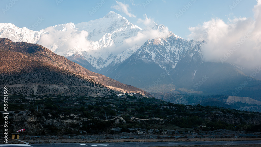 Himalayas landscape, Annapurna circuit trek, high altitude mountain airport in Jomsom