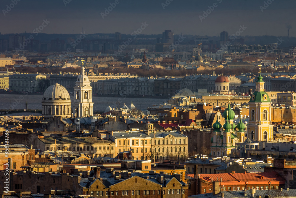 Churches of Vasilievsky island in Saint-Petersburg, Russia, telephoto lens