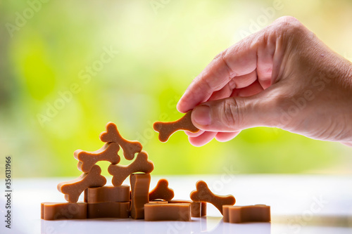Obraz na plátně Woman hand picking up Dog treats are chewy brown sticks, bone shaped on white ac