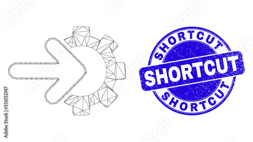 Web mesh cog arrow integration icon and Shortcut seal. Blue vector rounded grunge seal stamp with Shortcut message. Abstract carcass mesh polygonal model created from cog arrow integration icon.