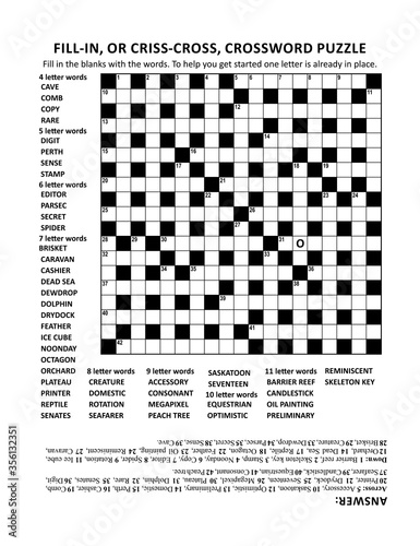 Criss-cross (or fill-in, else kriss-kross) crossword puzzle game of 19x19 grid, fitting Letter or A4 size paper, with general knowledge family friendly content. Answer included.  photo