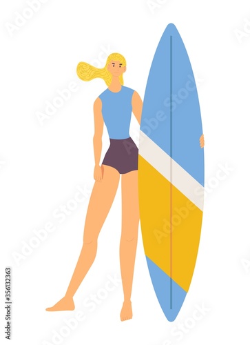 Young woman character standing and holding longboard surfboard isolated on white. Sport flat tall teen girl
