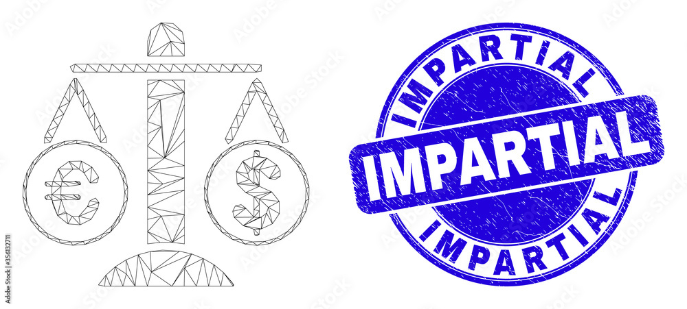 Fototapeta premium Web mesh compare euro dollar icon and Impartial seal stamp. Blue vector rounded scratched seal stamp with Impartial text.