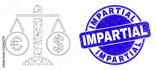 Web mesh compare euro dollar icon and Impartial seal stamp. Blue vector rounded scratched seal stamp with Impartial text.