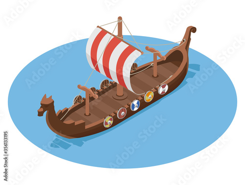 Isometric Viking Longboat Flat Illustration Drakkar