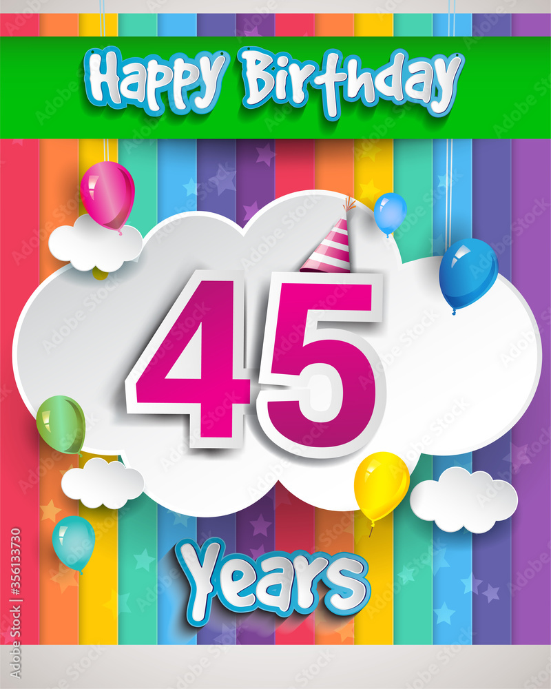 Celebrating 45th Anniversary logo, with confetti and balloons, clouds, colorful ribbon, Colorful Vector design template elements for your invitation card, banner and poster. Celebrating 45th Anniversary logo, with confetti and balloons, clouds, colorful ribbon, Colorful Vector design template elements for your invitation card, banner and poster.