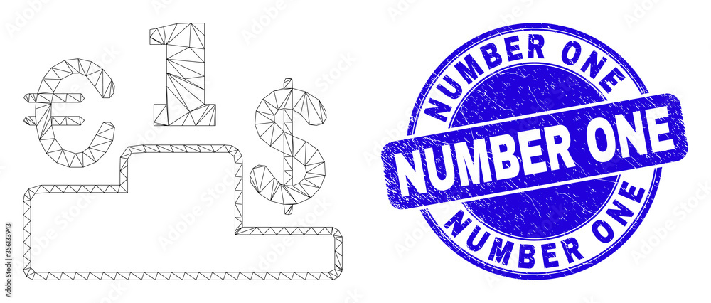 Fototapeta premium Web mesh currency pedestal pictogram and Number One seal stamp. Blue vector rounded scratched seal stamp with Number One title.
