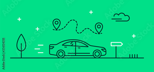 Vector illustration on the theme of transport, travel, car rental or road trip on a sedan. Linear car icon. 