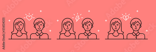 Vector illustration of the relationship between man and woman. Emotions of a couple, love, quarrel and breakup. Set of vector linear icons.
