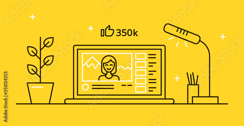 Vector image of a laptop with a video channel open on it. Flat illustration for video blogging. Linear icon for a successful travel vlog.