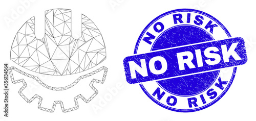 Web carcass development helmet pictogram and No Risk seal stamp. Blue vector round grunge seal stamp with No Risk text. Abstract carcass mesh polygonal model created from development helmet icon.