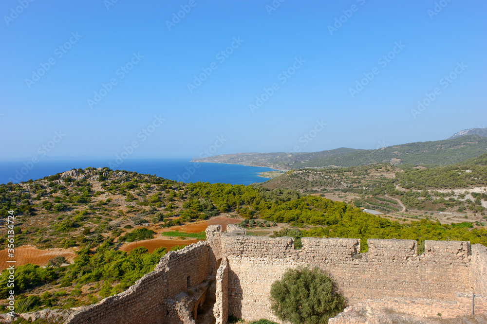 View from the ramparts of Kritinia Castle to the Aegean Sea and the island of Rhodes. Greece.