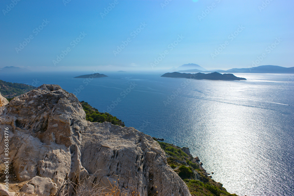 View from the ramparts of Kritinia Castle to the Aegean Sea and the islands of Makri, Alimia, Halki. Greece. Rhodes.