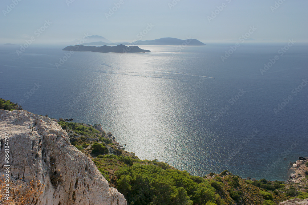 View from the ramparts of Kritinia Castle to the Aegean Sea and the islands of Makri, Alimia, Halki. Greece. Rhodes.