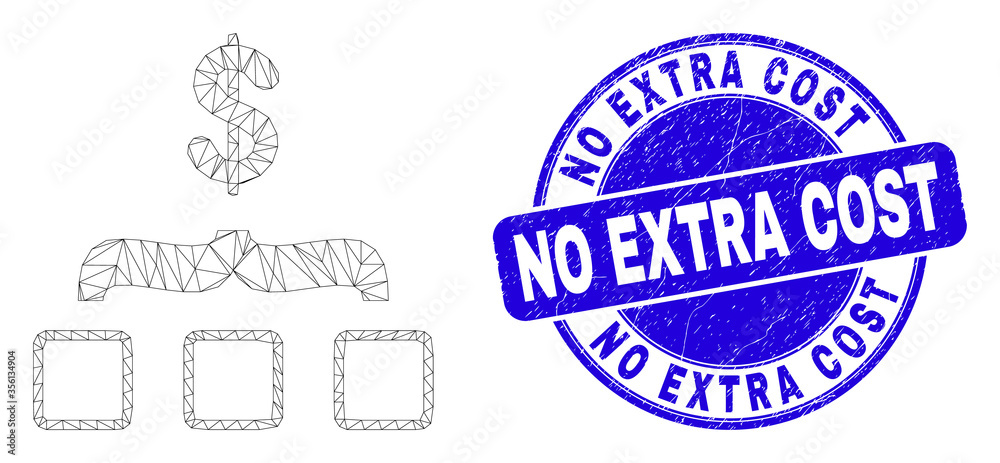 Obraz premium Web mesh dollar aggregation pictogram and No Extra Cost seal stamp. Blue vector rounded distress seal stamp with No Extra Cost title.