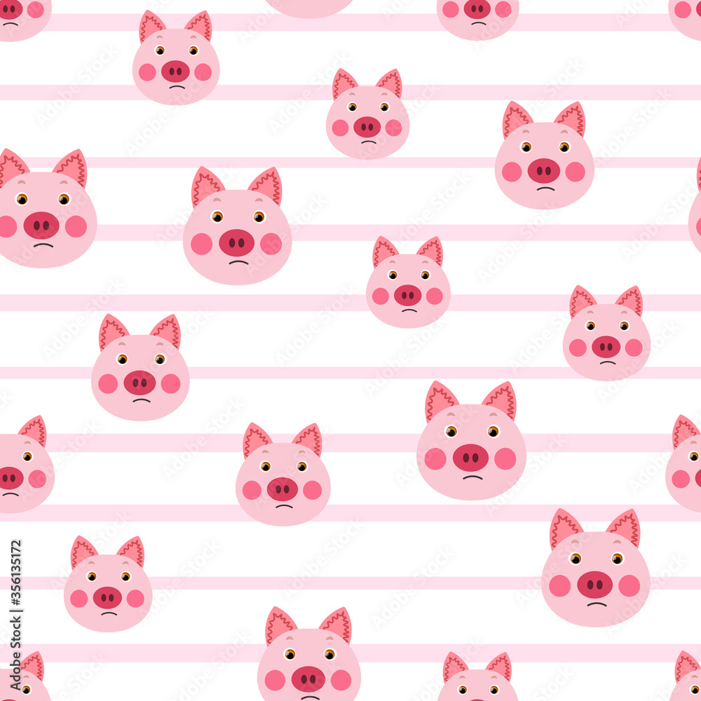 Vector flat animals colorful illustration for kids. Seamless pattern with cute pig face on white striped background. Adorable cartoon character. Design for textures, card, poster, fabric, textile.