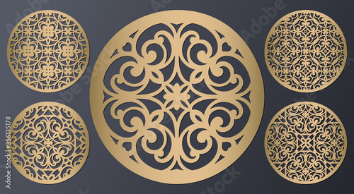 Laser cut round ornamental panels set. Template for carved stand. Cabinet fretwork screen. Metal design, wood carving, vector.