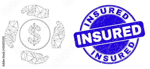 Web mesh dollar care hands icon and Insured seal stamp. Blue vector round distress seal stamp with Insured phrase. Abstract carcass mesh polygonal model created from dollar care hands icon.