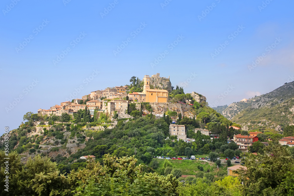 Beautiful hilltop medieval village of Eze. The historic village is pearched on top of a mountain with a church & amazing views,  French Riviera, south of France.