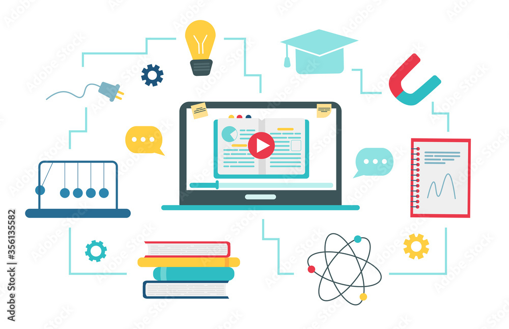 Online education concept. Physics school subject online education service or platform. Vector illustration in flat style