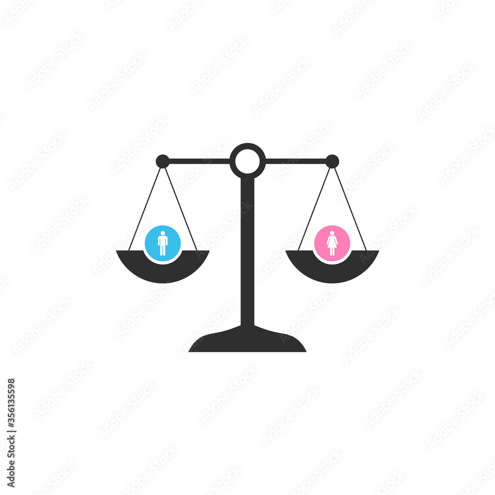 Scale in equilibrium with male and female icons showing an equality and perfect balance between the sexes. Stock Vector illustration isolated on white background. Scale in equilibrium with male and female icons showing an equality and perfect balance between the sexes. Stock Vector illustration isolated on white background.